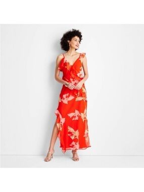 Sleeveless Red Floral Maxi Slip Dress with Ruffle Detail